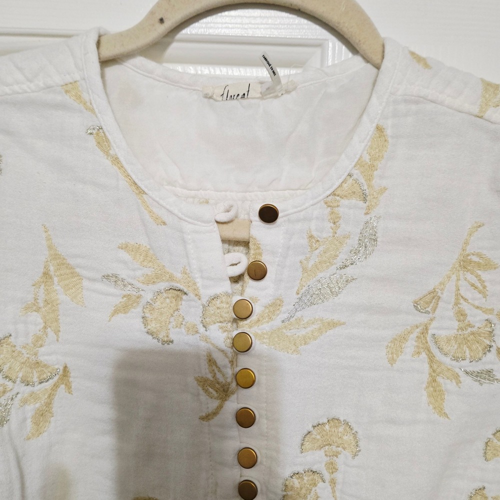 Anthropologie Floreat Embroidered Tunic Top Gold Floral Button Down Shirt Women